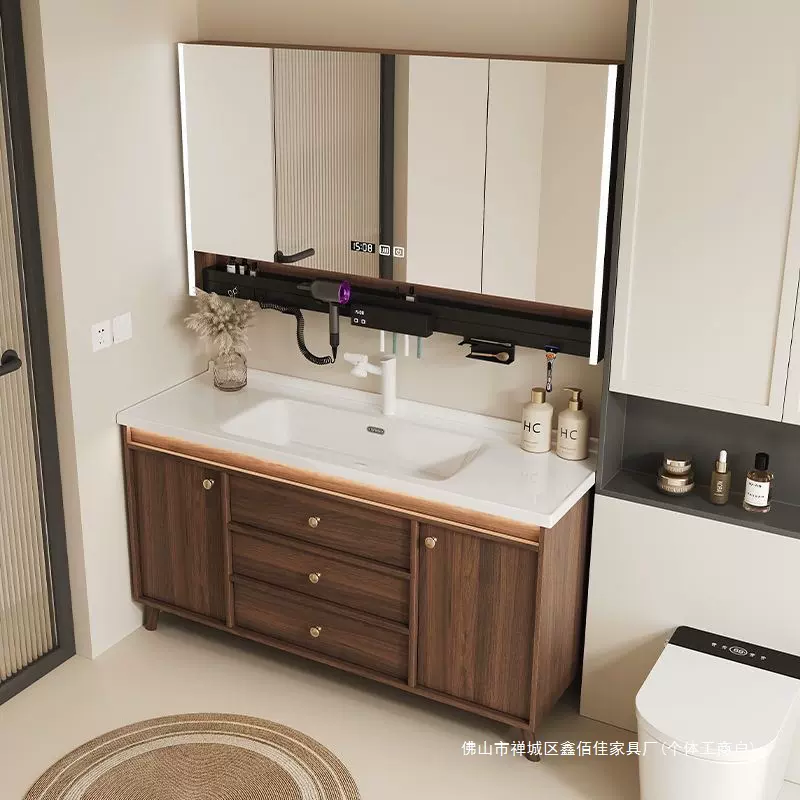 胡桃木洗手盆柜组合卫生间浴室柜陶瓷一体盆洗脸盆洗脸卫浴浴室柜