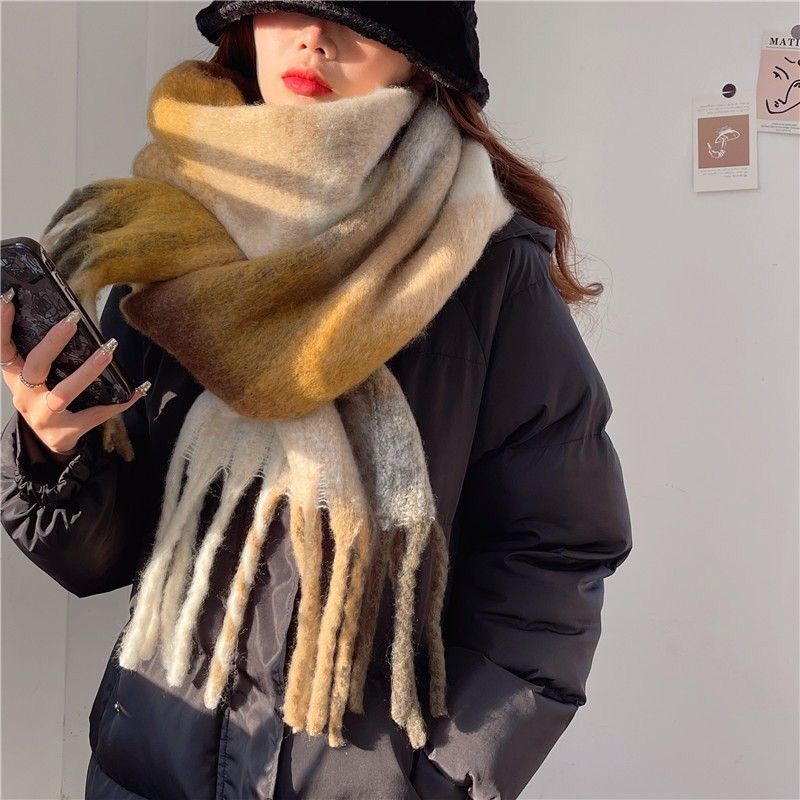 Plaid Fringe Scarf for W Autumn and Winter Rainbow Colored Imitation Cashmere Mohair Shawl with Thickened Neck for_voghion.com