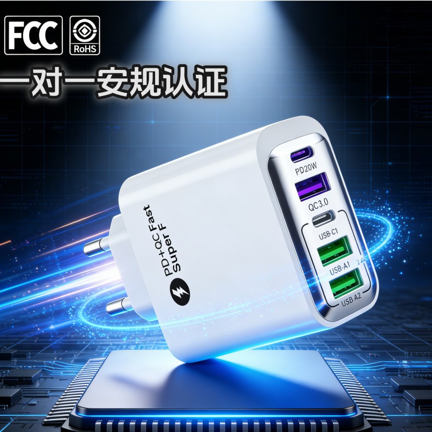 Autenticación transfronteriza explosiva QC3.0 cabeza de carga rápida 3USB + 2PD38W protocolo completo teléfono móvil cargador flash multipuerto cabeza de carga rápida