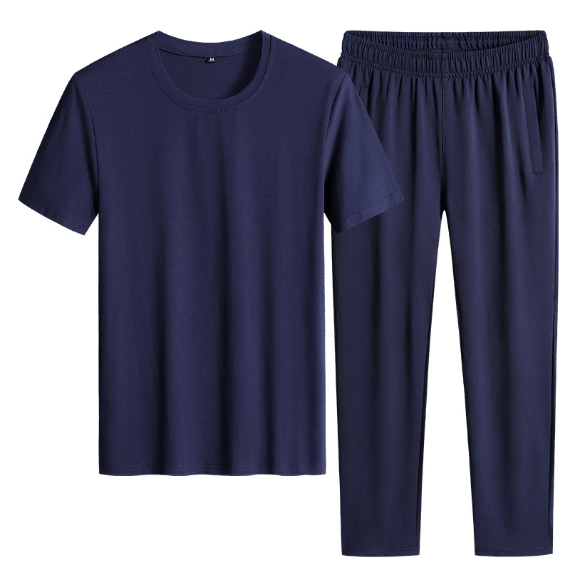 Trajes deportivos de algodón para hombres de verano, camisetas de manga corta delgada de mediana edad, ropa deportiva para correr suelta de dos piezas.