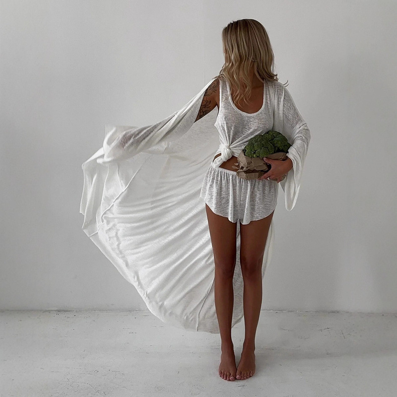 Cross-Border White Robe Vest Shorts Three-Piece Set European and American 2025 Autum New Translucent Beach Wear Casual Suit