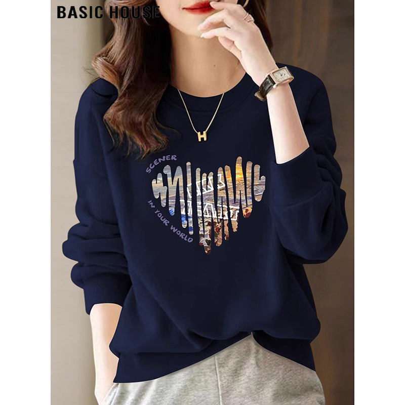 Age-Reducing Printed Round Neck Sweatshirt for Women 2025 New Autum Loose Blue Jacket