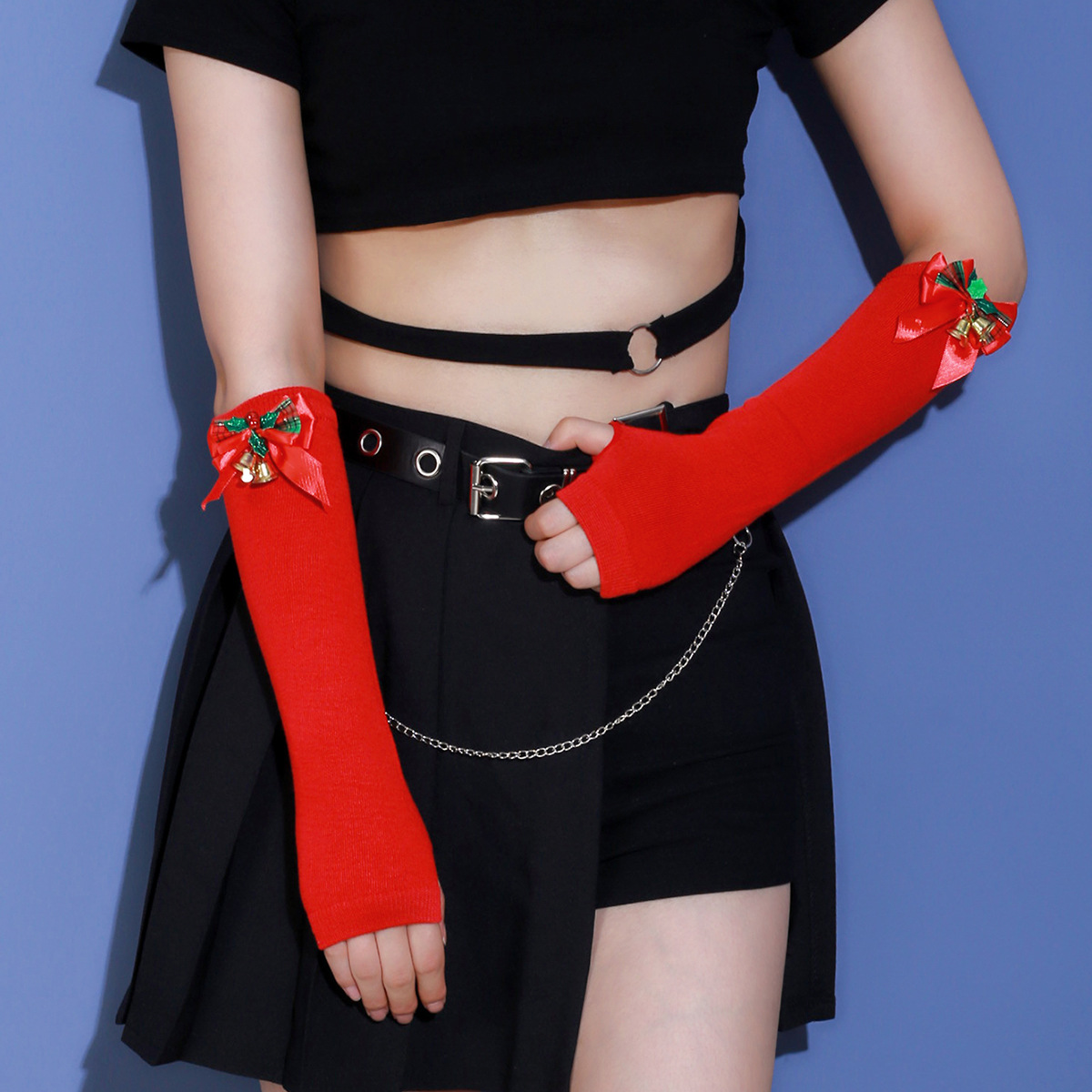 Gants de cyclisme d'hiver, chaussettes à nœud en boule de fourrure rouge au-dessus du genou, cloche de Noël, manches rouges, costume de Nouvel An_voghion.com