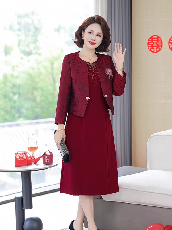 妈妈春秋连衣裙洋气两件套装喜婆婆婚宴裙子中年旗袍婚礼中长裙子|undefined