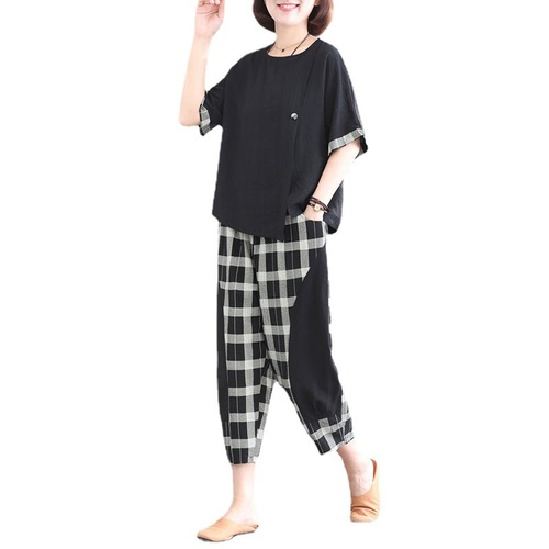 Women's Suit  New Fashion Suit Women's Large Size Western Style Plaid Splicing Loose Two-piece Summer Nine-Point Pants