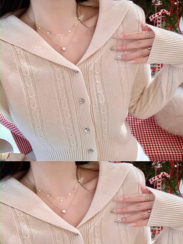 Sweet Girl's Navy Collar Girly Wool Knitted Cardigan Top Women's New Winter Versatile Fashionable Pure Color Sweater