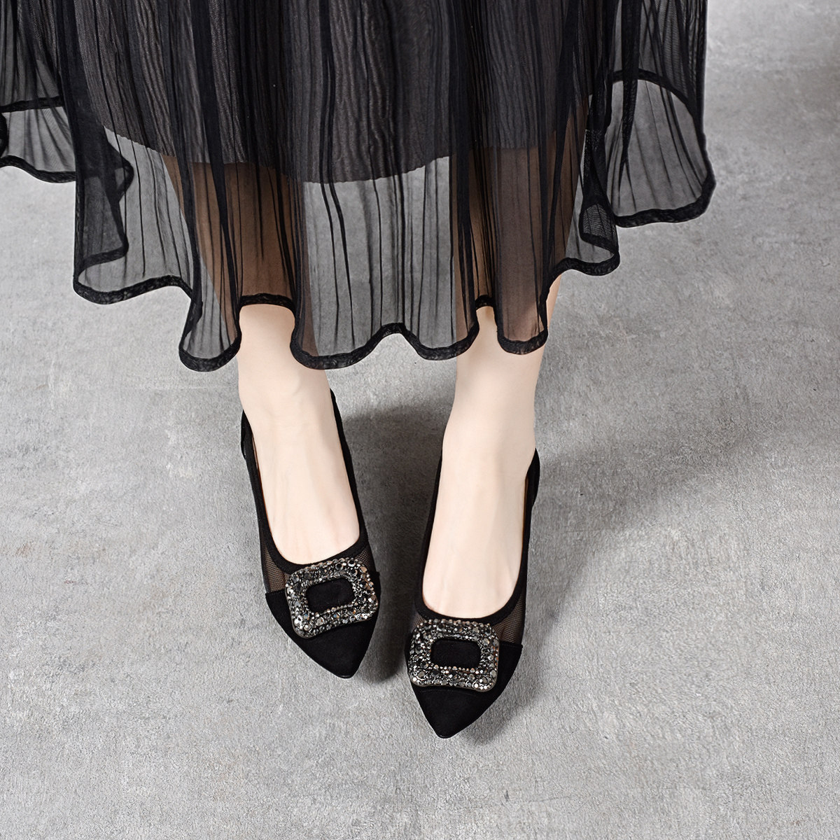 Sandal nữ hở mũi gót thấp 3 cm, chất da thật, quai lưới thoáng khí — Màu đen - 3cm