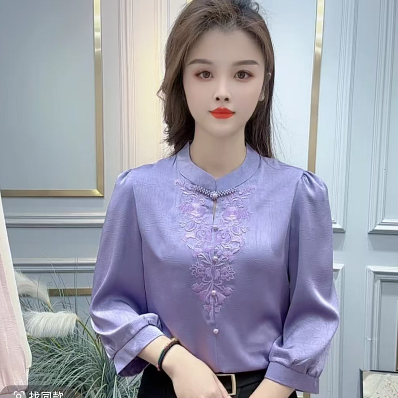 National Style Embroidered Buckle Seven-point Sleeve Shirt Women's Spring and Summer New plus size Western Style Retro Shirt Design Sense Top