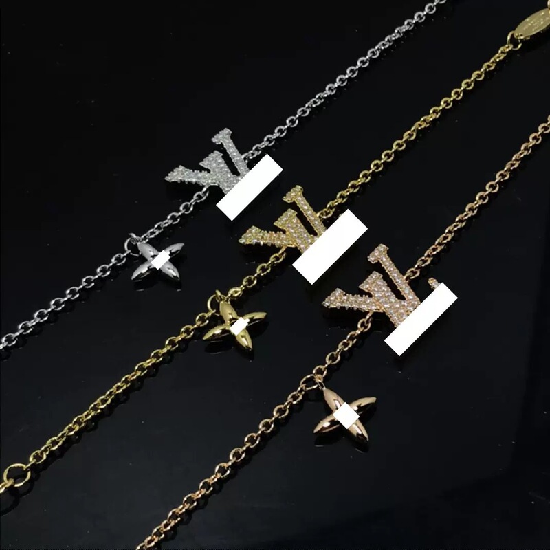 High-End Lu Family Full Diamond V Letter Necklace Bracelet Earrings Enamel Set European and American Simple Multi-Flower Collarbone Chain Wholesale