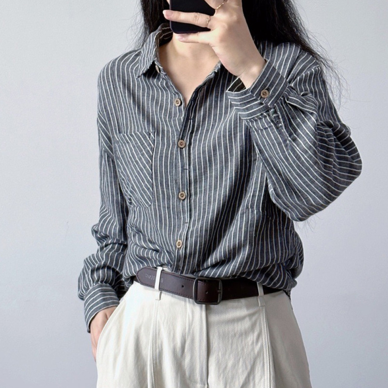 港风复古条纹衬衫女棉质长袖上衣春秋宽松大码休闲衬衣外套|undefined