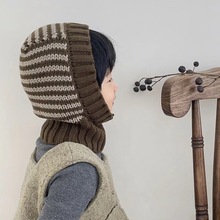 韩国风儿童针织连体帽子围脖 秋冬拍照凹造型神器宝宝条纹包头毛