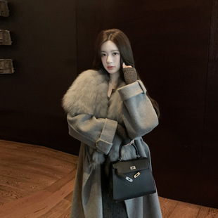 "Melting Snow Autumn Leaves" Double-Sided Woolen Outwear Women's Mid-Length Autumn and Winter New Style Large Fur Collar Woolen Outwear