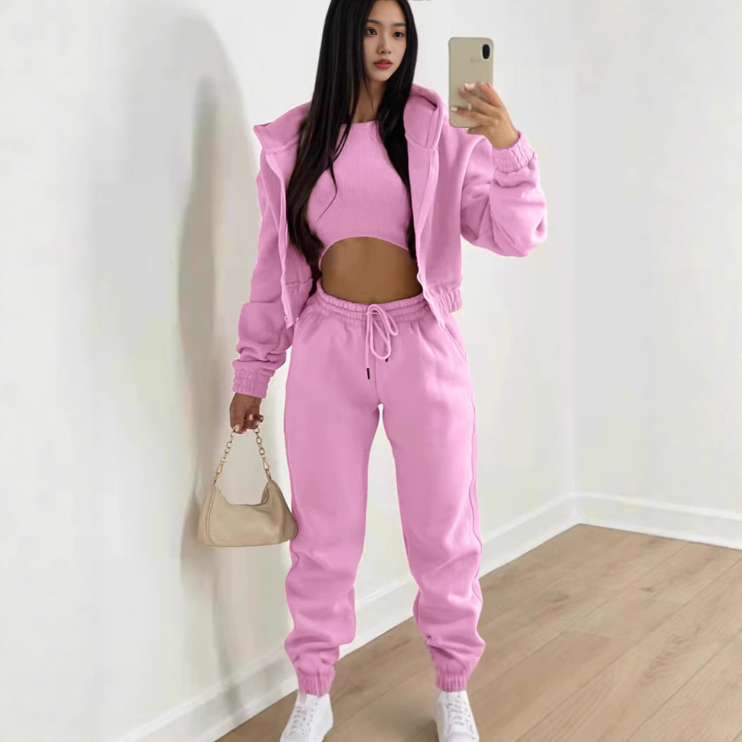 Pantalones largos de tres piezas para mujer, estilo europeo y americano, con forro polar, sudadera con capucha, moda deportiva informal de invierno_voghion.com