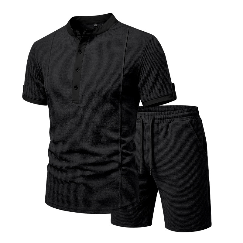 Men's Casual Henley Short Sleeve T-Shirt And Shorts Set Comfort-Focused Polyester Design for Summer_viptrois.com