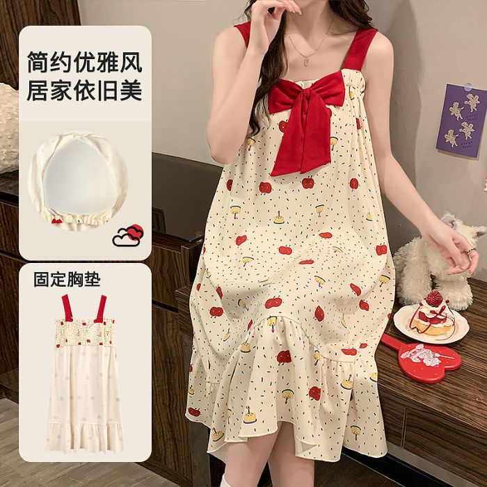 Comercio exterior transfronterizo verano nuevo estilo pijama damas imitación algodón cojín en el pecho camisón bowknot servicio a domicilio de longitud media