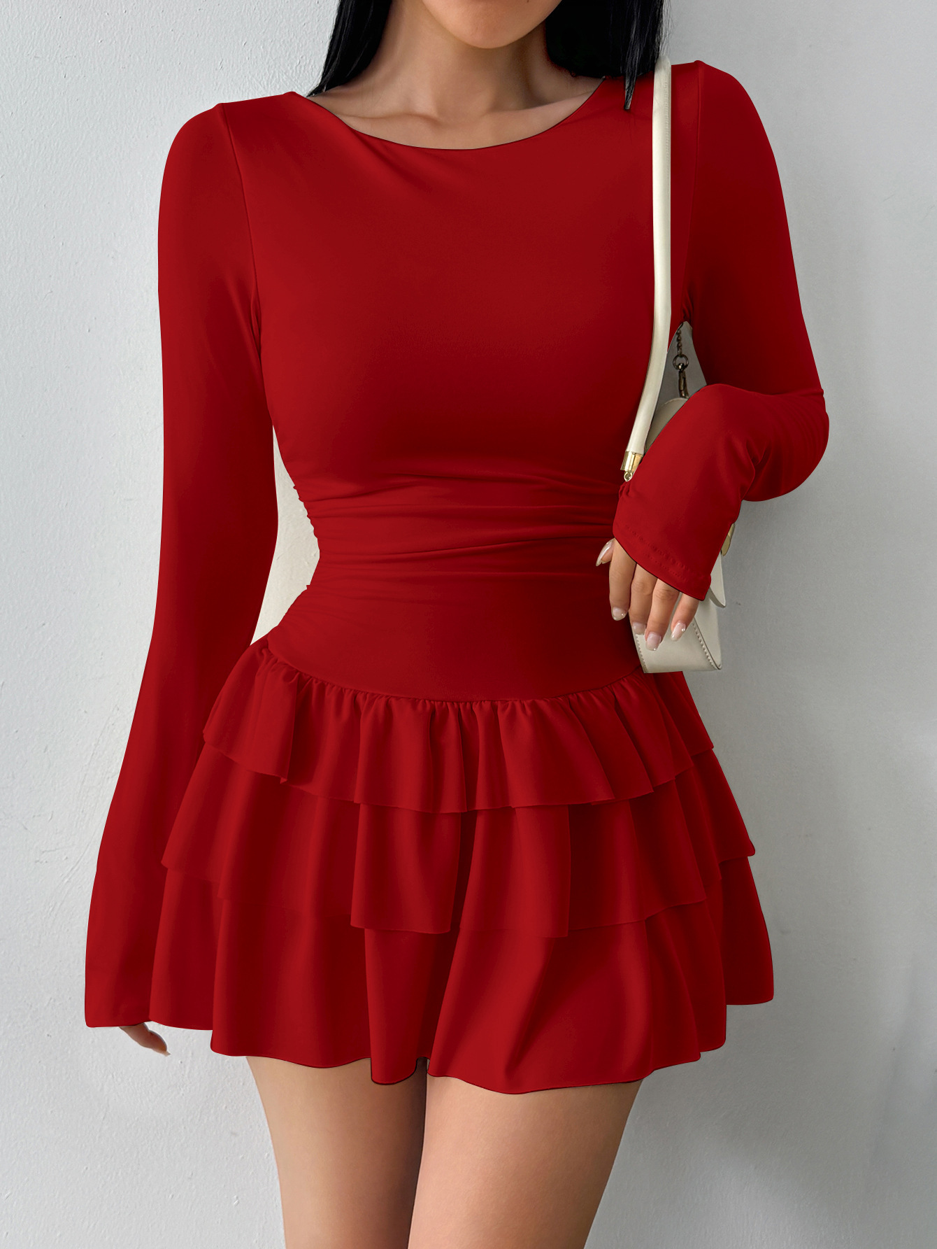Women's Solid Color Slim Fit Ruffled Panel Long Sleeve Bodycon Mini Dress – Elegant Casual Gown_ecoleips.com