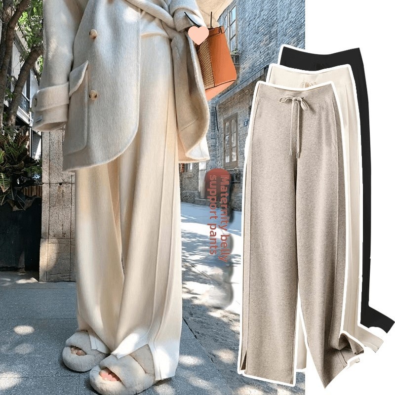 Maternity Pants Autumn High-Waisted Fashion Split Knit Thick Wide-Leg Pants for Spring, Autumn, and Winter