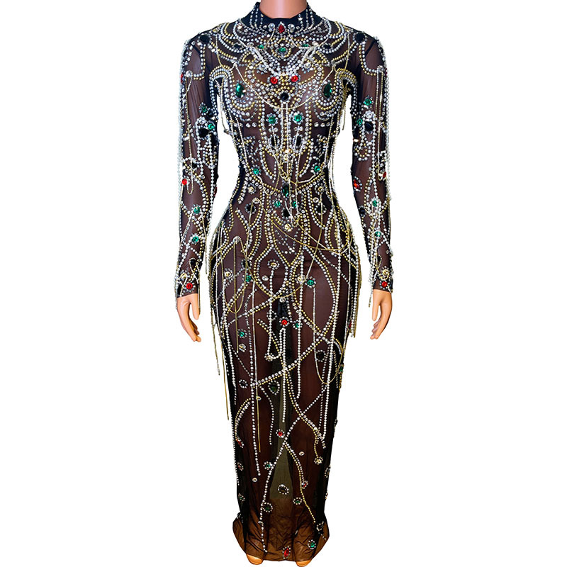 演出服时尚黑色优雅闪钻长袖修身包臀重工长裙年会生日写真晚礼服