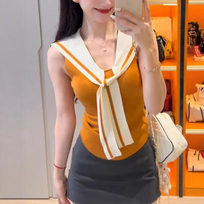 Korean-Style Faux Two-Piece Shawl Tie-Up Knit Vest for Women, Summer Pure Desire Style, Slim Fit, Slimming, Navy Collar Top