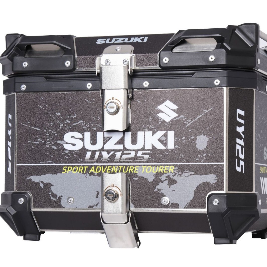 45LUY125 caja trasera de aleación de aluminio negro con calcomanía, caja trasera de motocicleta, scooter, ternero, coche eléctrico, maletero