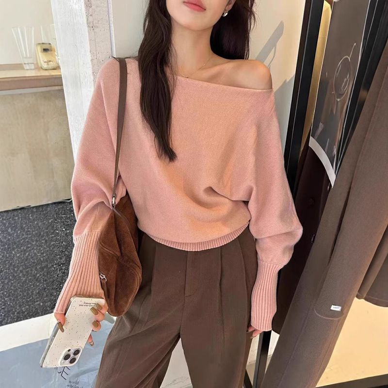 Korean-style off-shoulder sweater women's autumn and winter high-end lazy soft waxy sweater waist slimming inner base top