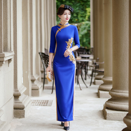 Royal blue Chinese  Dresses cheongsam oriental Qipao long sleeve high elastic small catwalk welcome show dress form