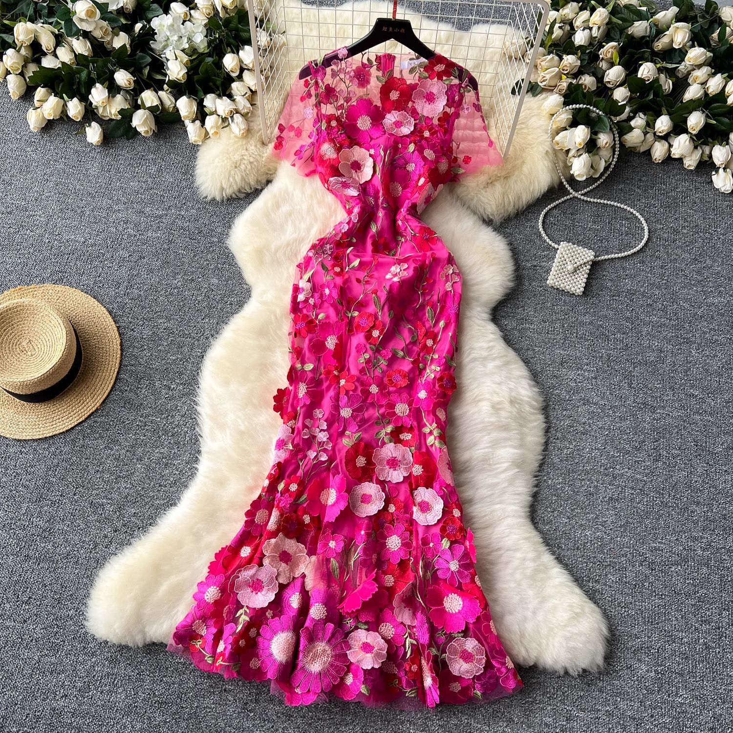 Cross-Border Dress Women's Dinner Party Long Dress Niche European and American Style Heavy Embroidery Slim Slim Fishtail Skirt