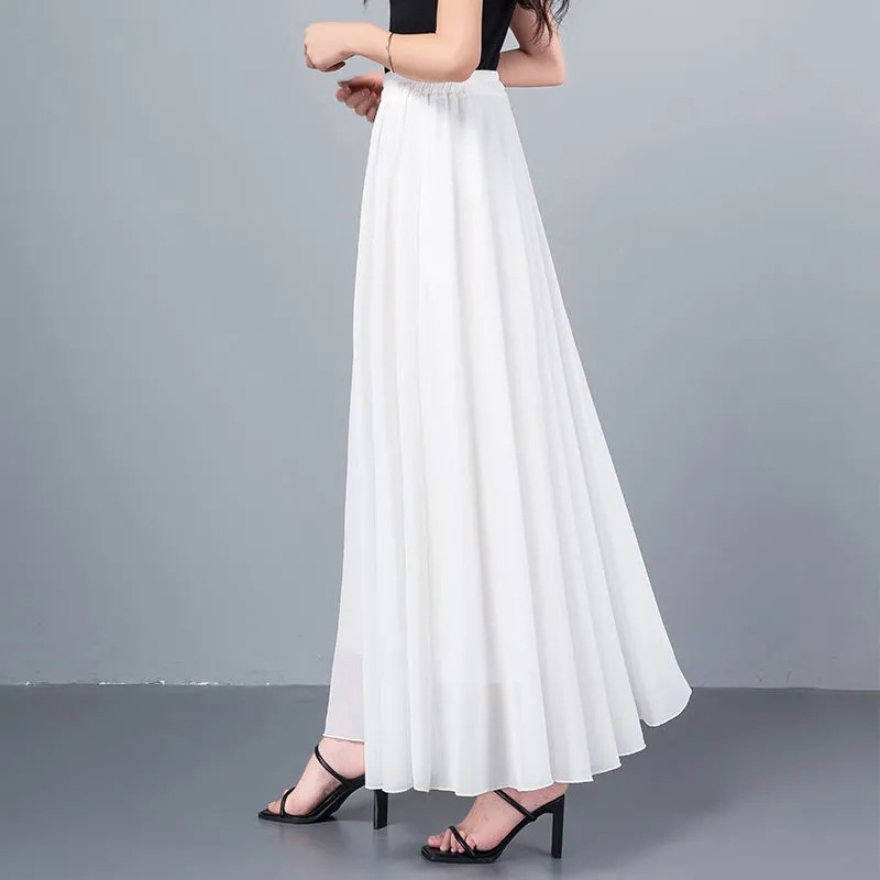 Chiffon A-Line Long Skirt 2024 New Style for Petite Women, Slimming Hip-Covering Flared Dance Skirt