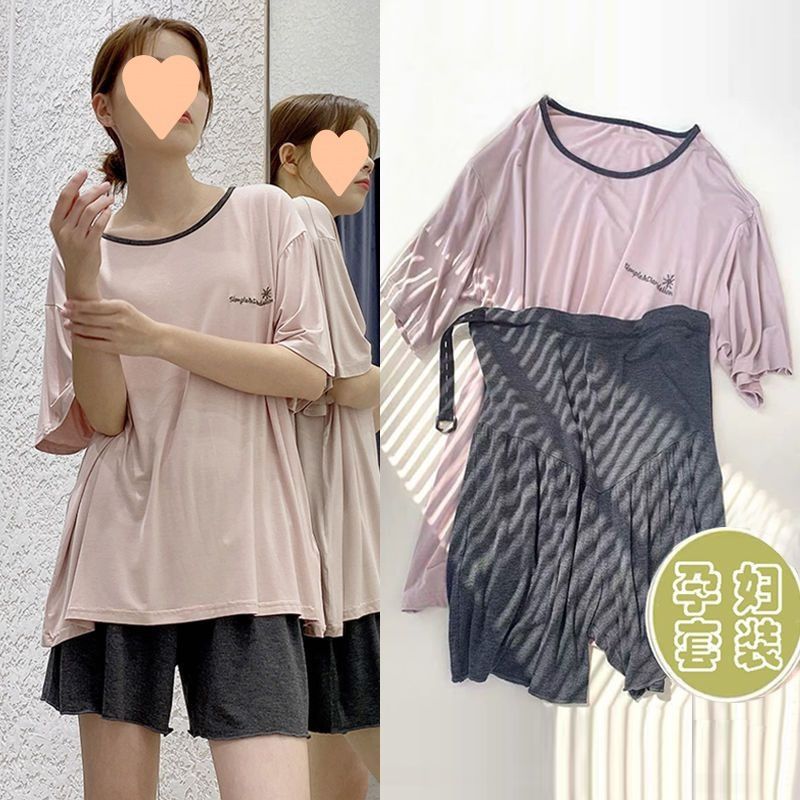 (2개) 임산부 여름 잠옷 세트 아우터 웨어 루즈 여름 얇은 스타일 배 지지 임산부 홈 의류 대형 사이즈 반바지 투피스 세트