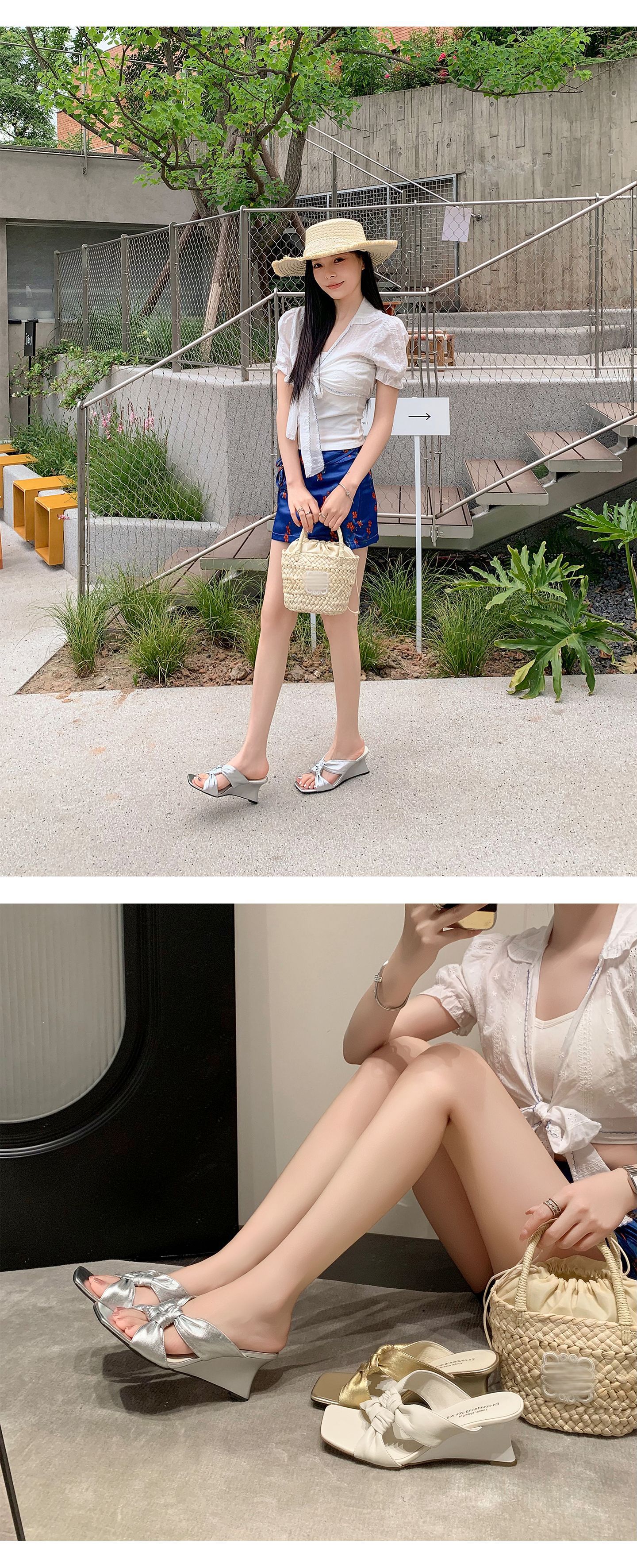 Sandal cao gót nữ mũi vuông hở ngón đế xuồng quai chéo — màu vàng, màu trắng ngà, bạc chi tiết 12