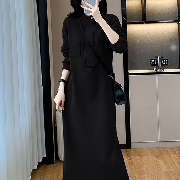 长款过膝休闲卫衣裙女2025秋冬新款大码宽松遮肚百搭立领连衣裙潮|undefined