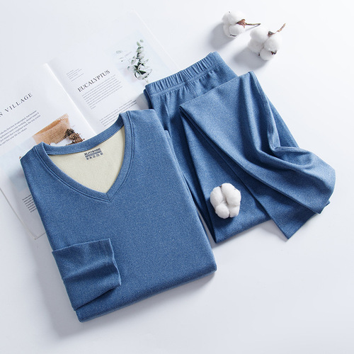 Autumn and winter men's round neck thermal underwear set plus velvet German slim bottoming shirt thickened middle-aged and elderly autumn clothes and long trousers for men