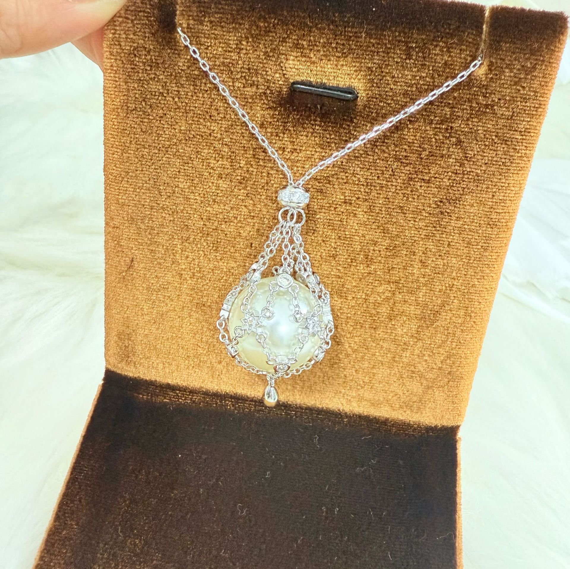 실버 스타 메쉬 진주 목걸이-17mm