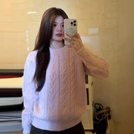 韩系圆领宽松麻花粉色毛衣女2025秋冬季软糯小个子感针织上衣