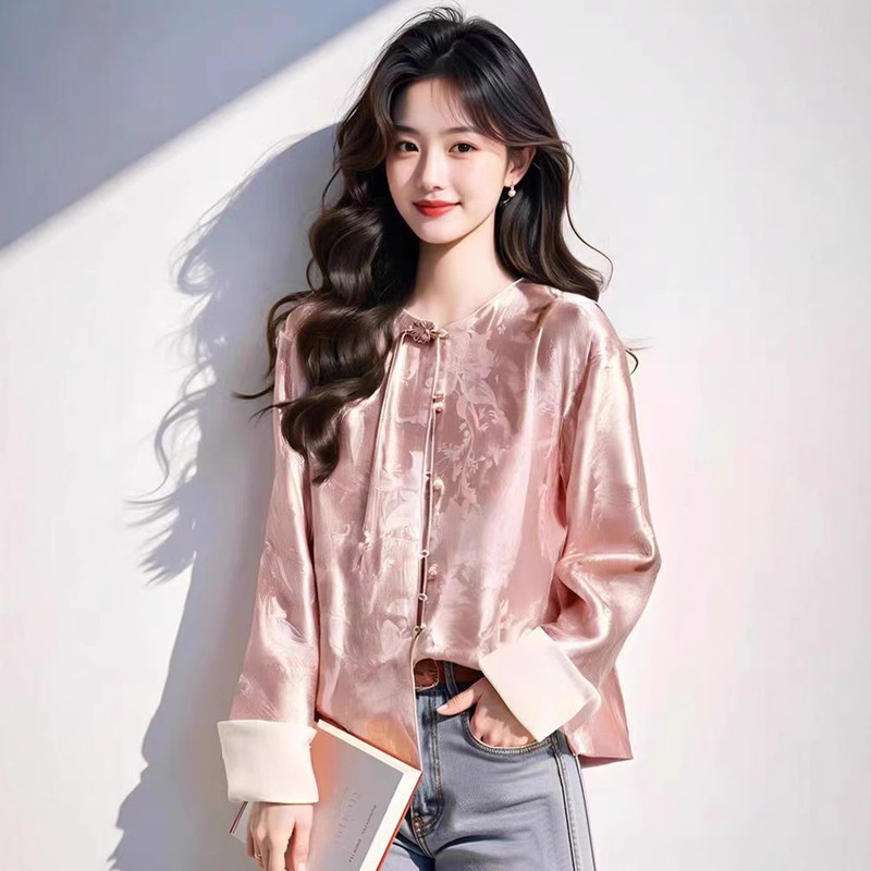 New Chinese-style Chinese-style Women's Peach Pink Fashion Button-down Shirt High-end Light Luxury Niche Printed Top