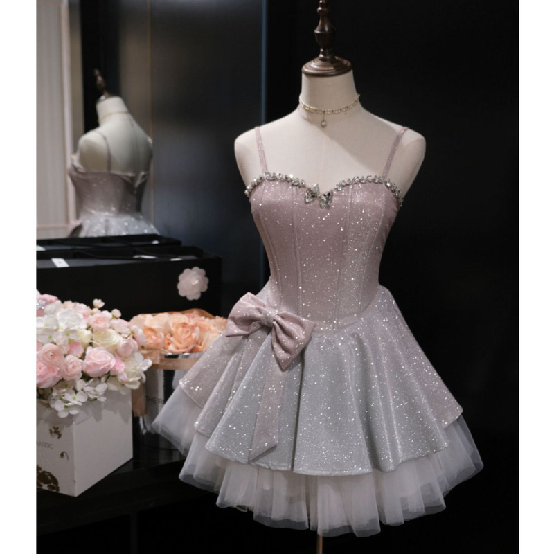 Birthday Party Dress French Suspender New Sequin Short Dress Gradient Pink Classy Prom Dress