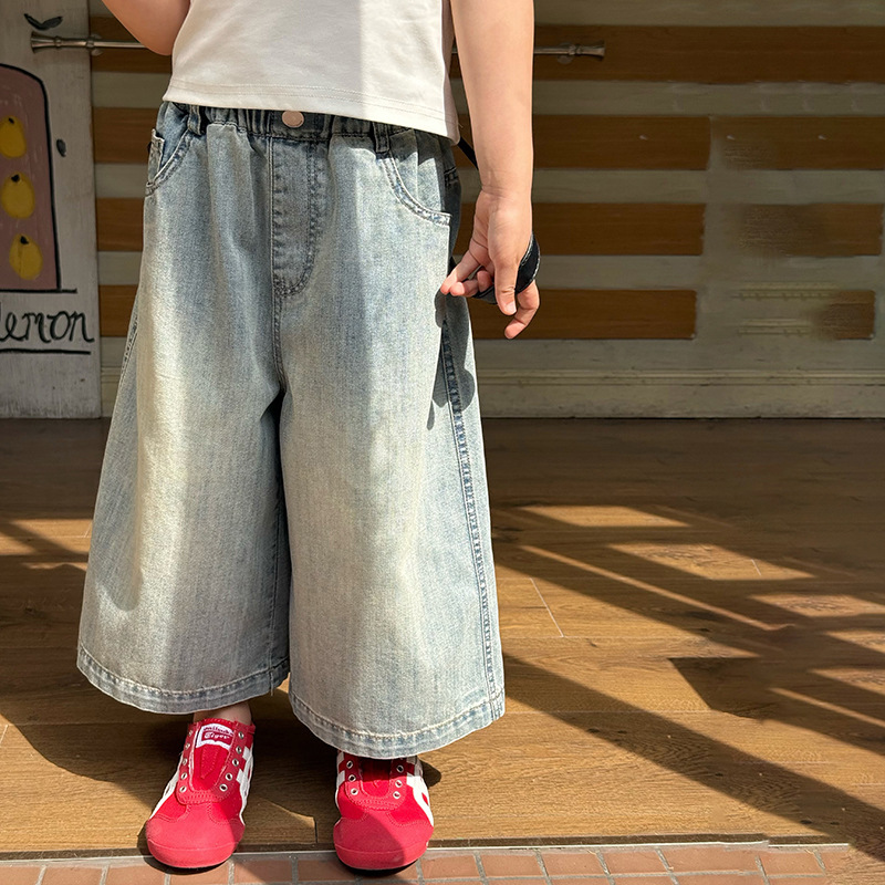 Aimo Beibei Girls' Pants Summer New Korean Style Fashionable Retro Casual Faded Cropped Jeans