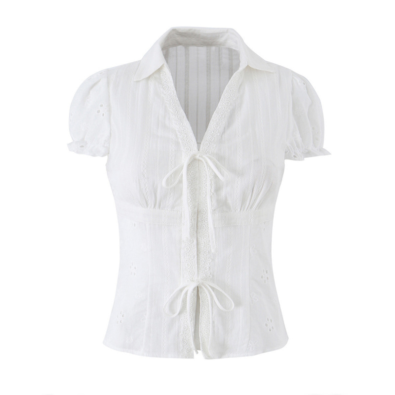 Myst&Za Summer New Cross-Border Women's Lace-Trimmed Pure Desire Shirt Slim-Fit Tie Bow Top