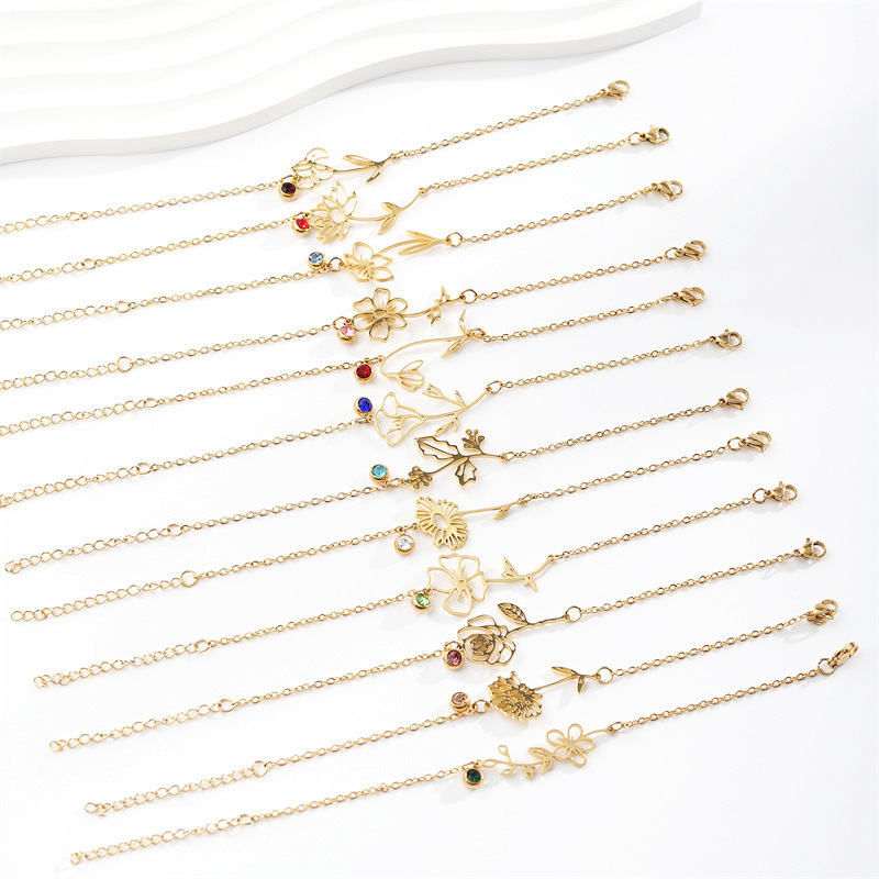 Cross-Border Birthstone Bracelet with a High-End Feel, December Birth Flower for Women, Stainless Steel Birth Flower Cross-Border Birthstone Bracelet with a High-End Feel, December Birth Flower for Women, Stainless Steel Birth Flower