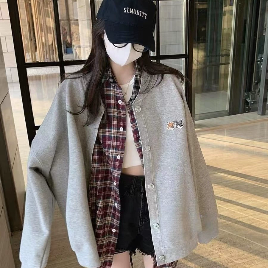 Модный бренд ader New Fox вышитый кардиган свитер ниша простой Свободный Топ Повседневная бейсбольная форма с V-образным вырезом для женщин