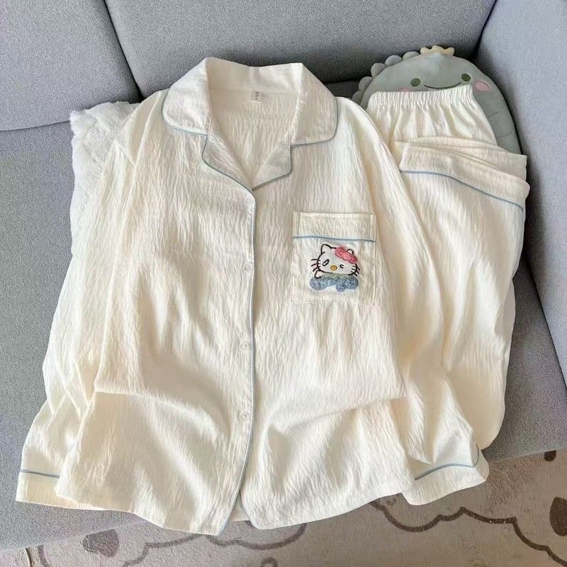 云朵棉三件套装夏季新款甜美可爱波点kt猫开衫翻领家居服女可外穿|undefined
