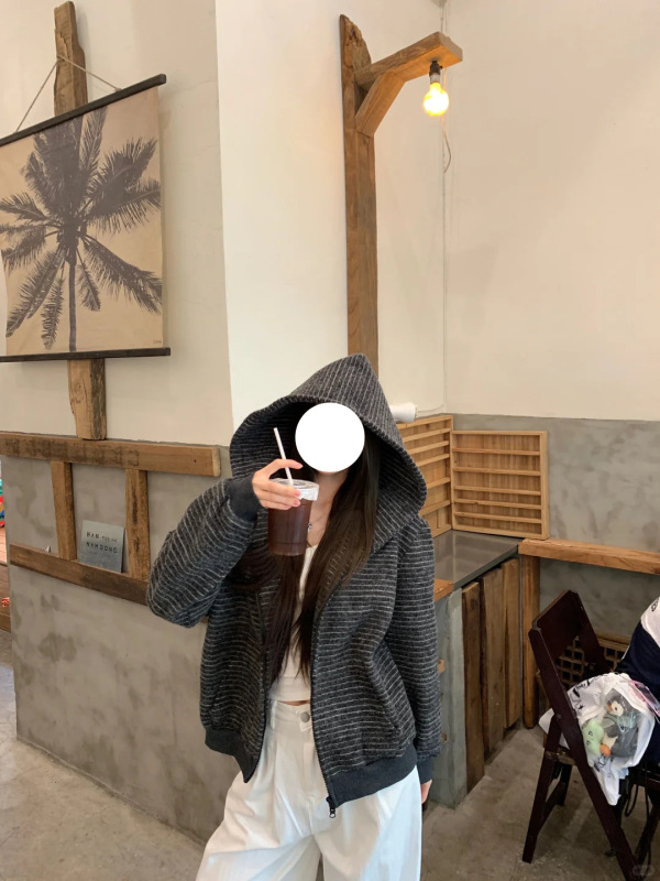 韩系复古深灰条纹设计感连帽卫衣女2025秋季休闲百搭开衫情侣外套|undefined