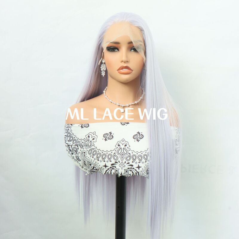 Front Lace Hand-Crocheted Wig Blue-Gray Natural Simulation Full Head Wig Long Straight Hair High Temperature Silk