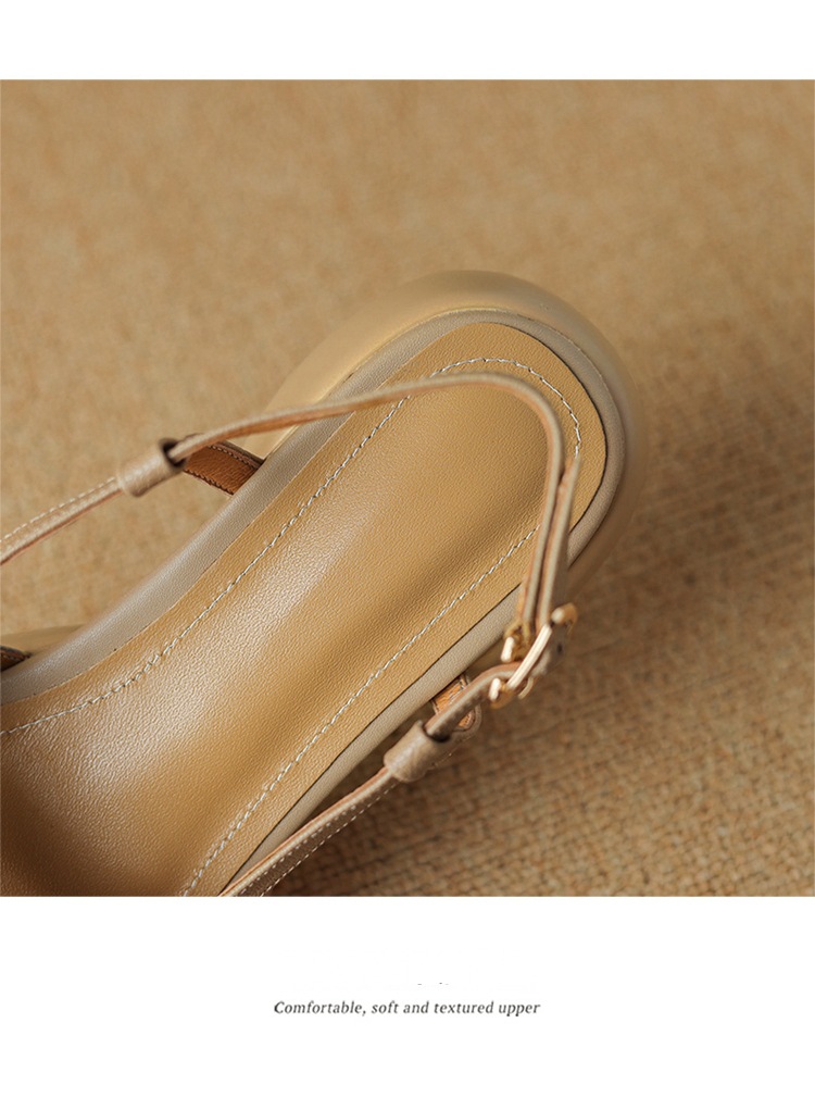 Sandal nữ da cừu hở ngón gót thô quai ngang đế dày phong cách La Mã — Màu trắng be chi tiết 15