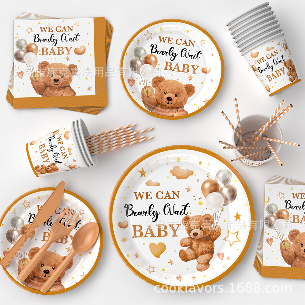 Oso marrón bebé baño fiesta decoración niño niña recién nacido bandeja de papel taza de papel toalla de papel juego de vajilla