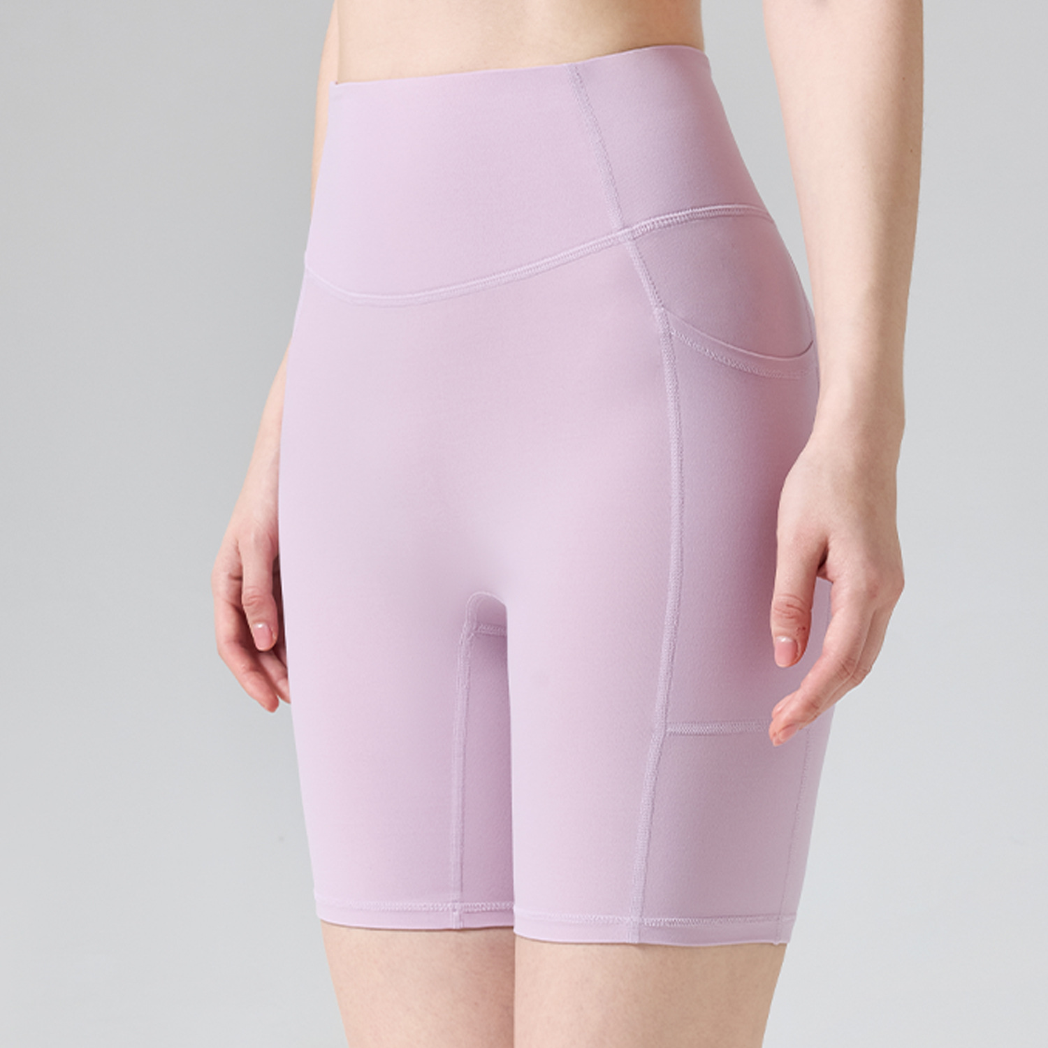 Verano nuevo N66 Laica alto elástico ángulo plano pantalones cortos de yoga apretados bolsillos grandes dobles cintura y abdomen para elevar el estómago