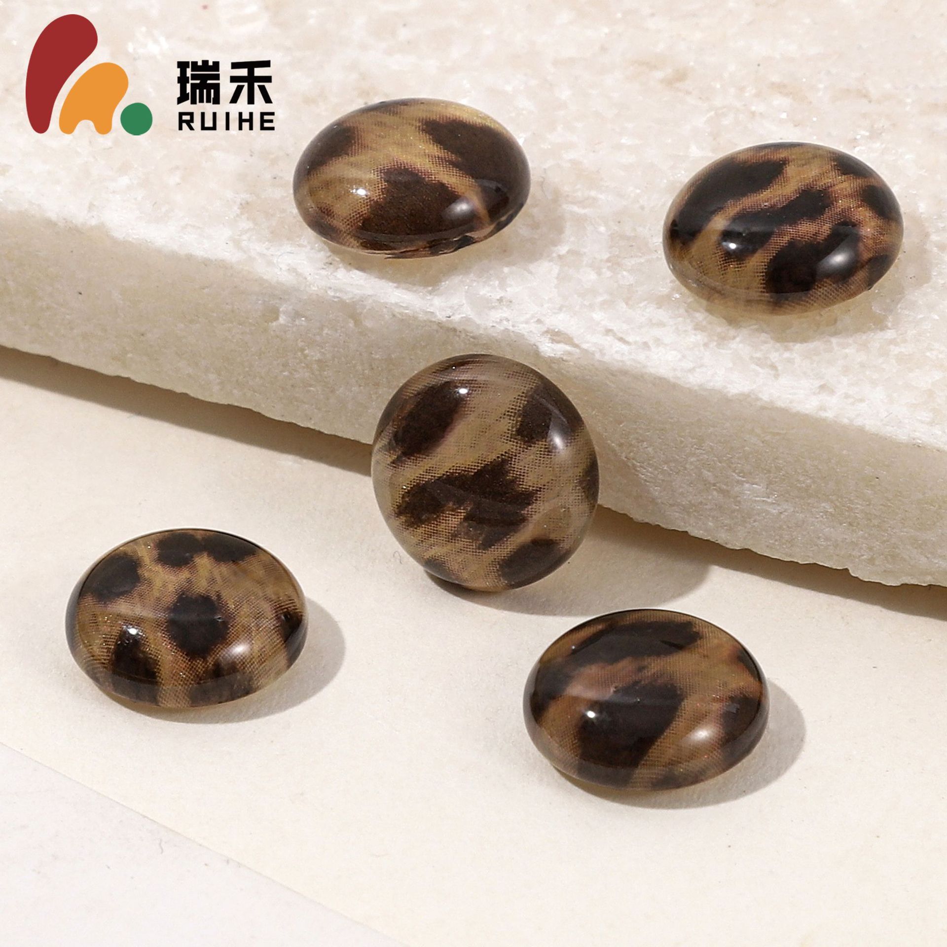 复古豹纹圆形树脂贴片耳饰服装奶油胶发夹头绳饰品配件材料批发