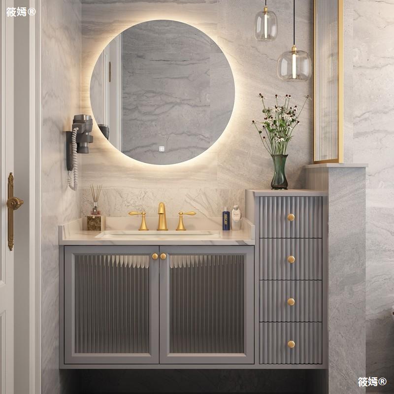 美式岩板橡木浴室柜组合智能设计师卫生间卫浴柜洗脸盆洗漱台|ms