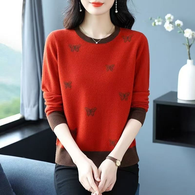 Mother's autumn and winter new round-neck pullover sweater, youthful and stylish, knitted, loose-fitting, versatile, high-end fashion women's base layer