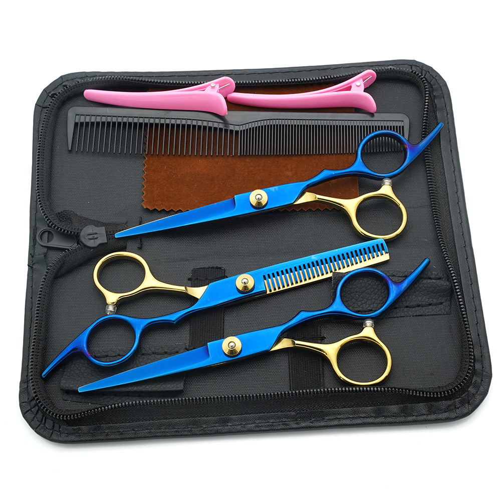 Tijeras de peluquería de 6 pulgadas, negras y doradas, con mango inclinado y de alta calidad, juego de tijeras de peluquería al por mayor para cortar el cabello.